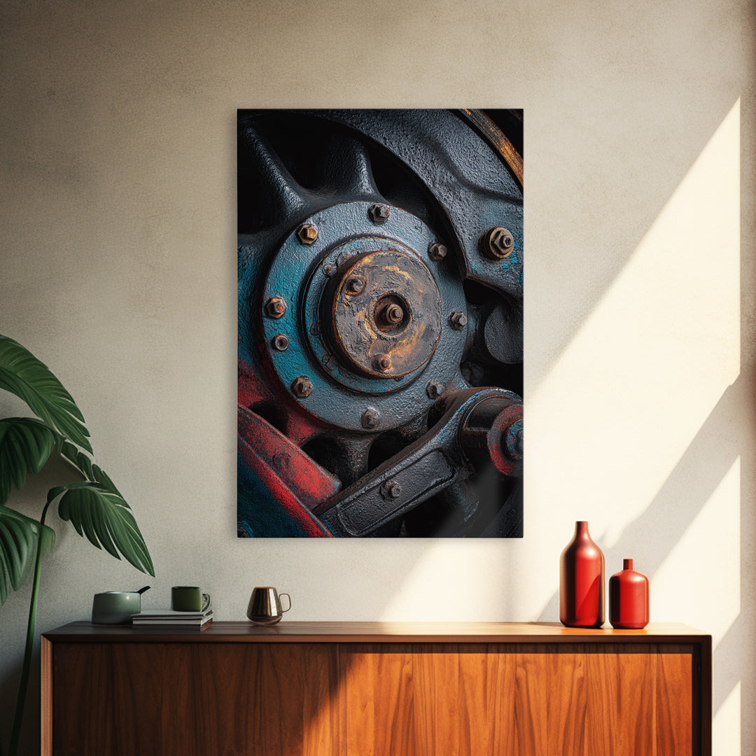 Steam Locomotive Wheel Closeup Canvas Print, Industrial Art, Black and White Wall Art, Living Room Decor, Abstract Art, Foundry, IND-2x3-62