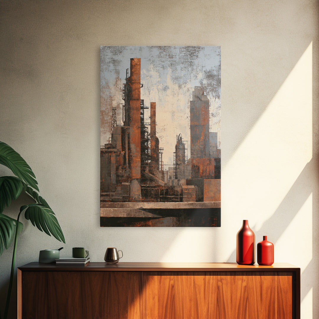 Industrial City Skyline Framed Canvas Print, Industrial Art, Contemporary Art, Living Room Decor, Fine Art, Foundry, IND-2x3-68