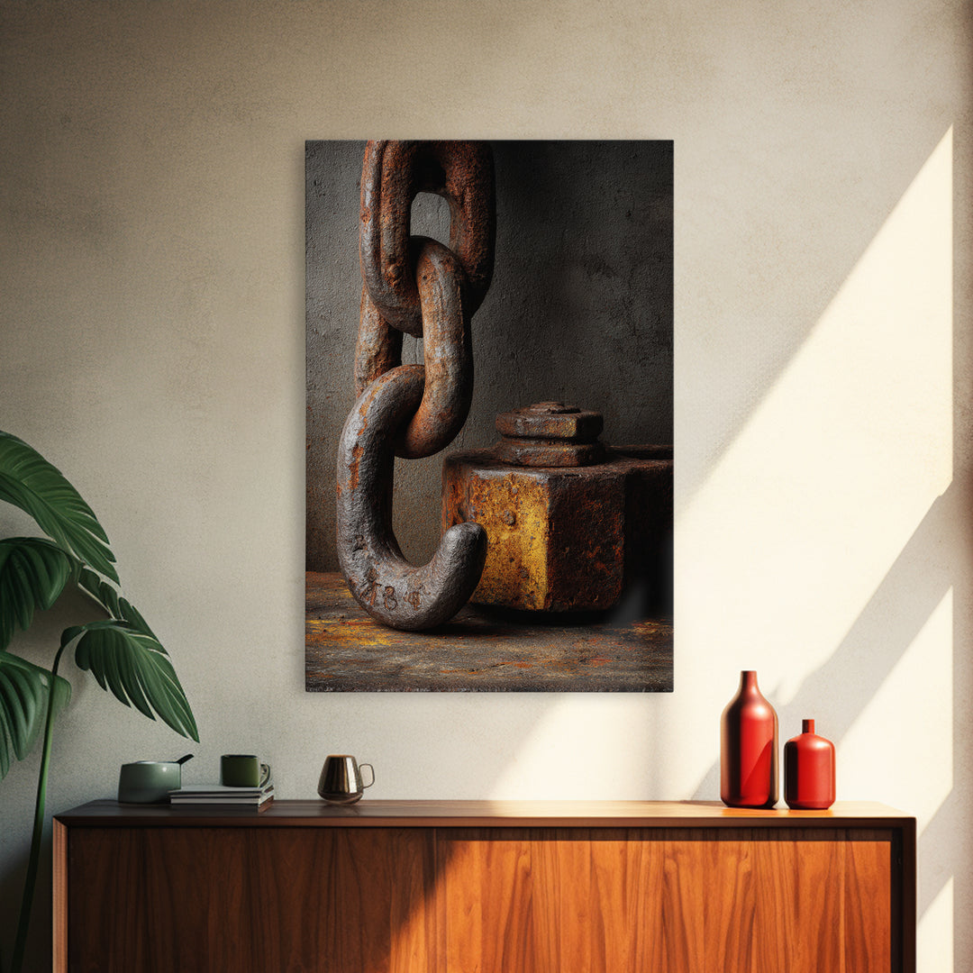 Chain and Hook Still Life Canvas Print, Industrial Art, Abstract Wall Art, Living Room Decor, Oil Painting, Foundry, IND-2x3-72