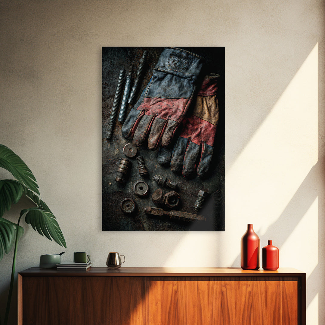 Worn Work Gloves and Bolts Arrangement Canvas Print, Industrial Art, Textured Wall Art, Living Room Decor, Foundry, IND-2x3-74