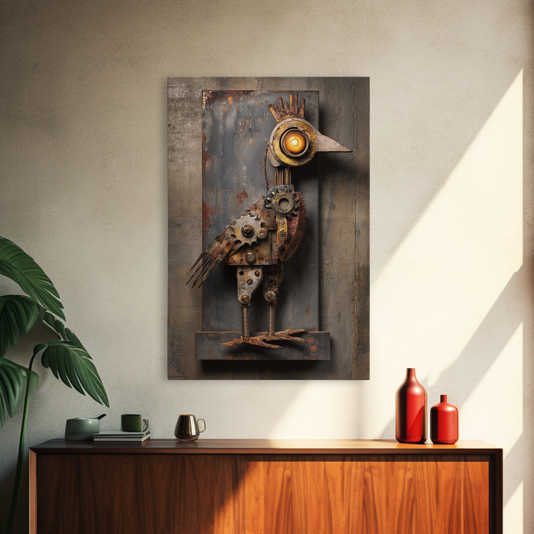 Mechanical Bird Made from Gears Framed Canvas Print, Industrial Art, Texas Art, Living Room Decor, Fine Art, Foundry, IND-2x3-75
