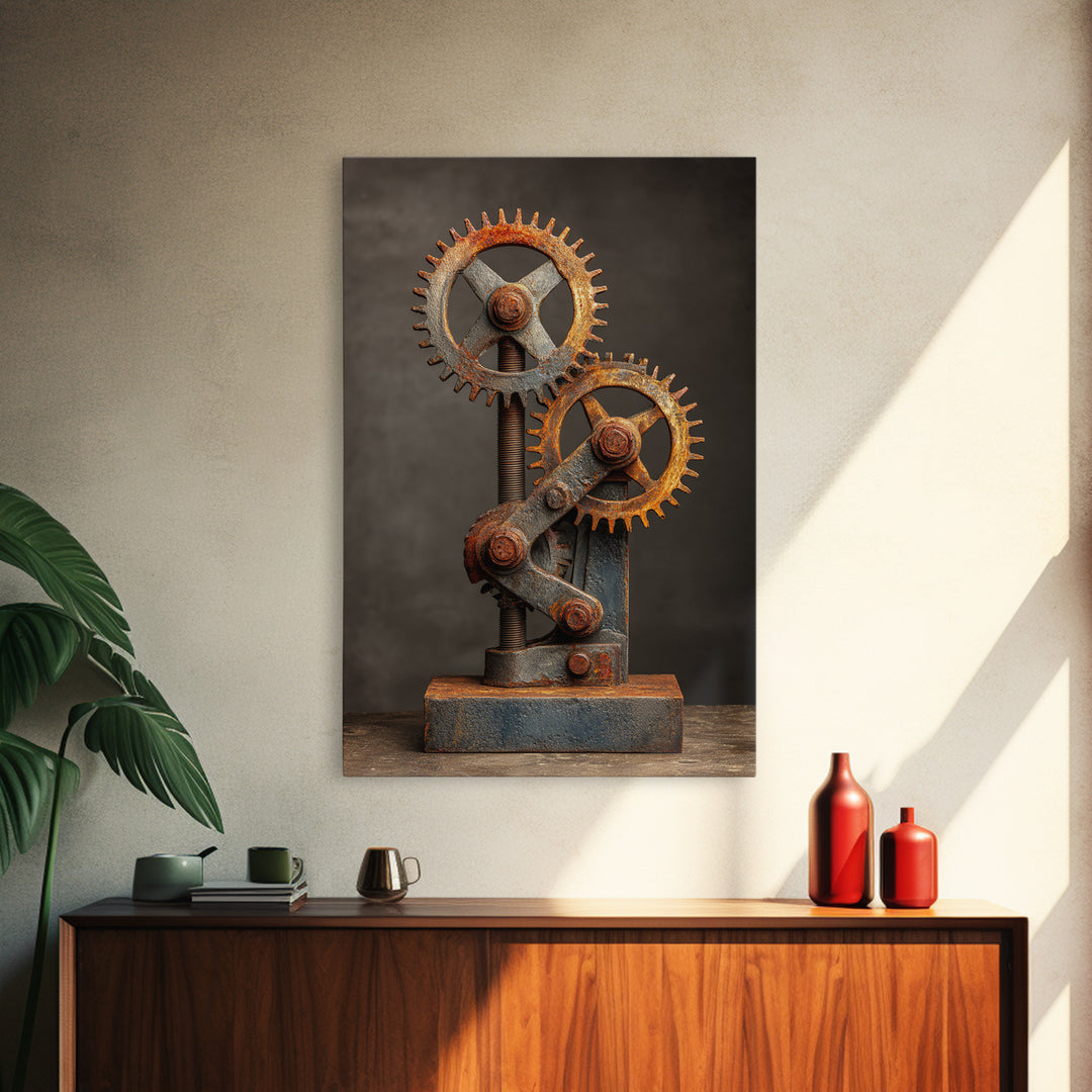 Rusted Gears Arranged as Sculptural Still Life Canvas Print, Industrial Art, Black and White Art, Living Room Decor, Foundry, IND-2x3-81