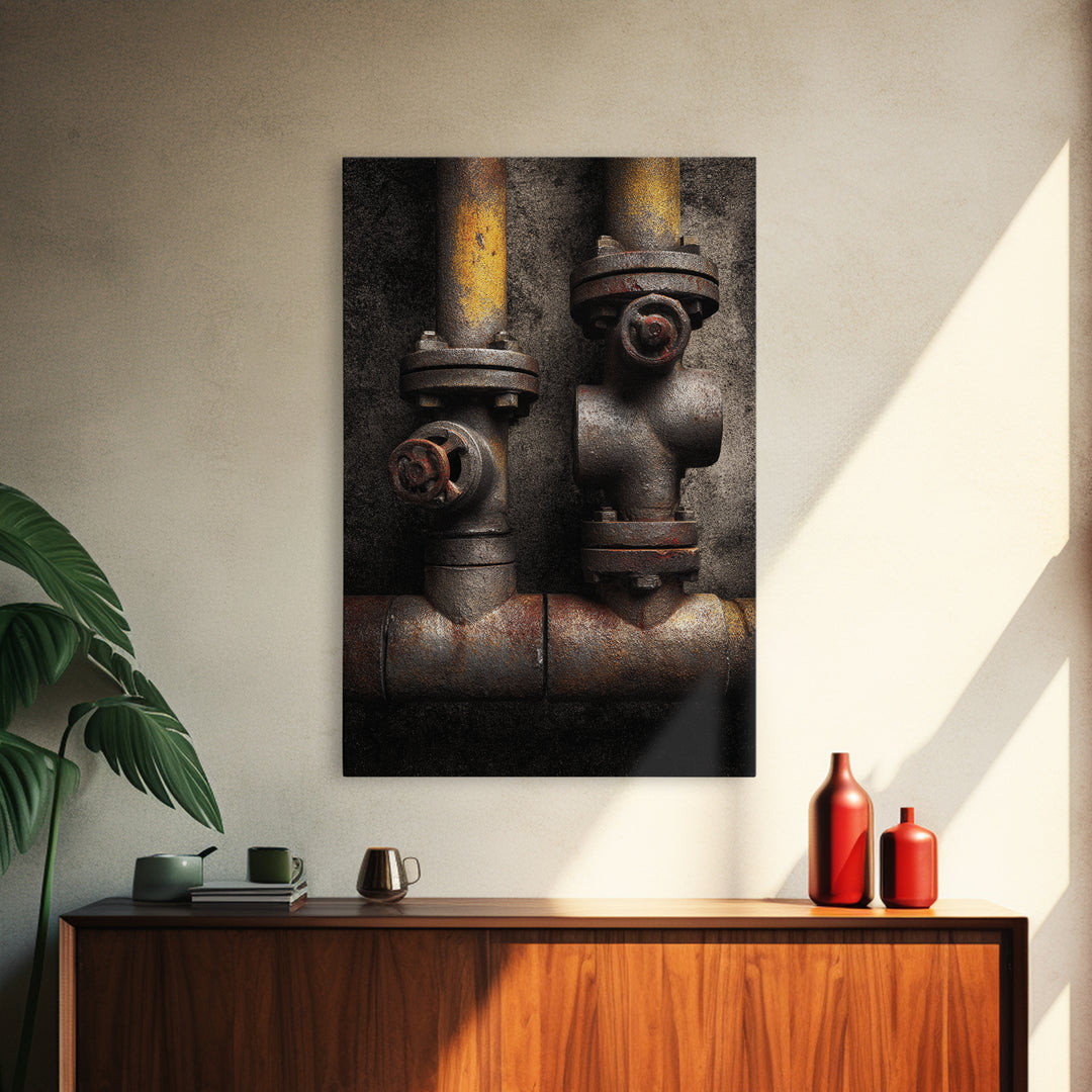 Metal Pipes and Valves as Graphic Composition Framed Canvas Print, Industrial Art, Bauhaus Poster, Living Room Decor, Foundry, IND-2x3-88