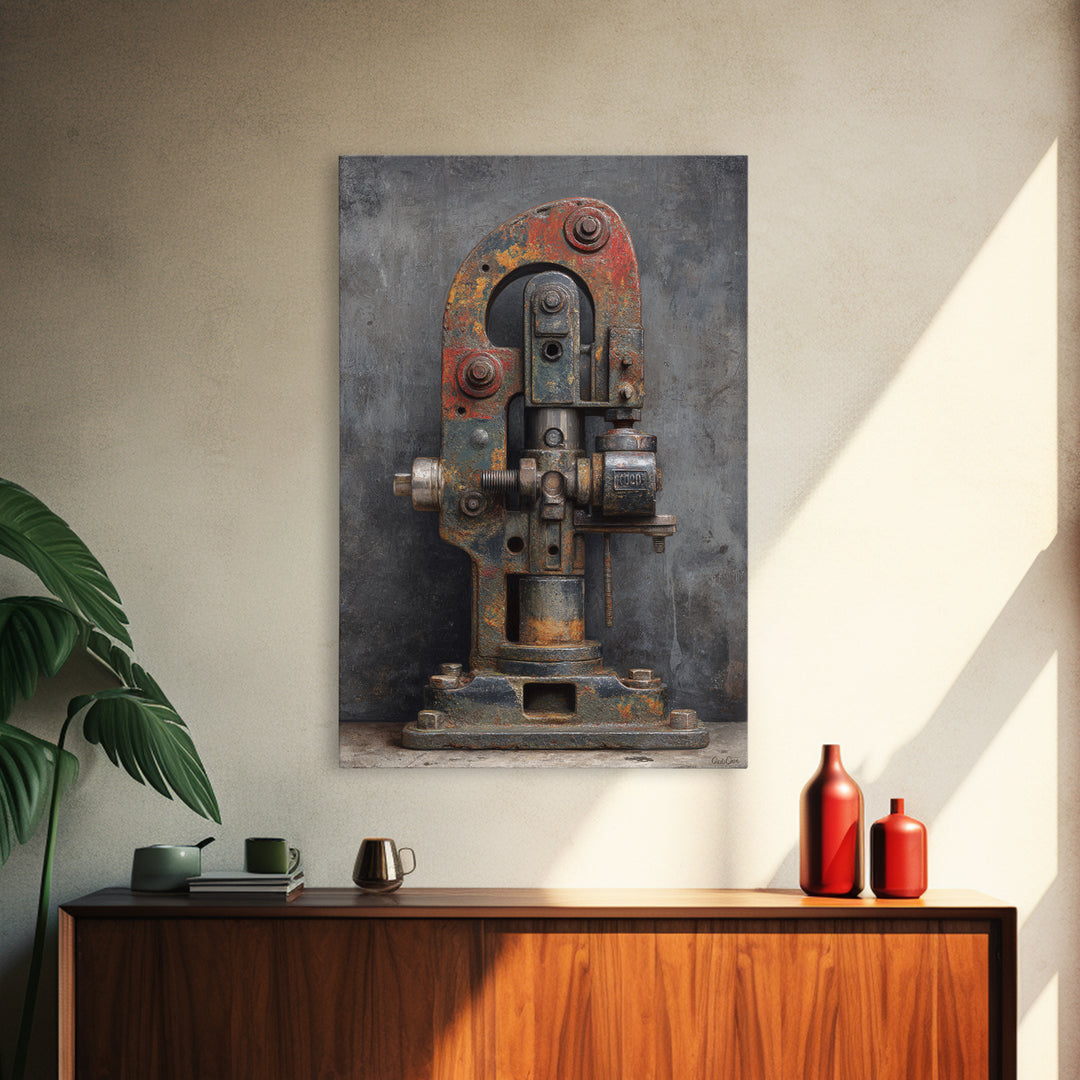 Brass Gauge and Machinery Still Life Framed Canvas Print, Industrial Art, Bauhaus Poster, Living Room Decor, Fine Art, Foundry, IND-2x3-93