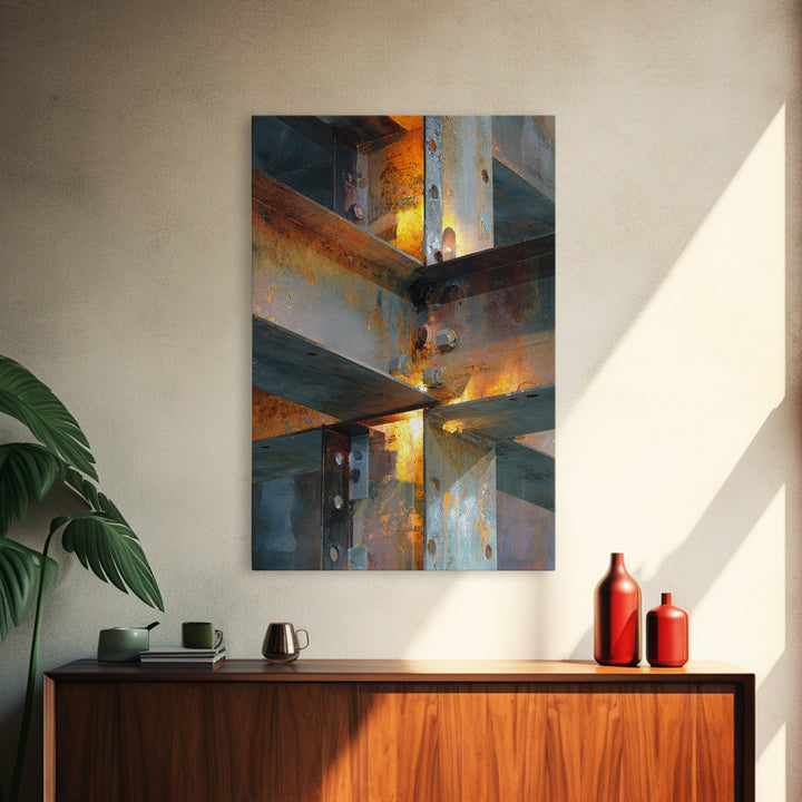 Steel Beams Crossing Like Abstract Lines Framed Canvas Print, Industrial Art, Living Room Decor, Abstract Art, Foundry, IND-2x3-97