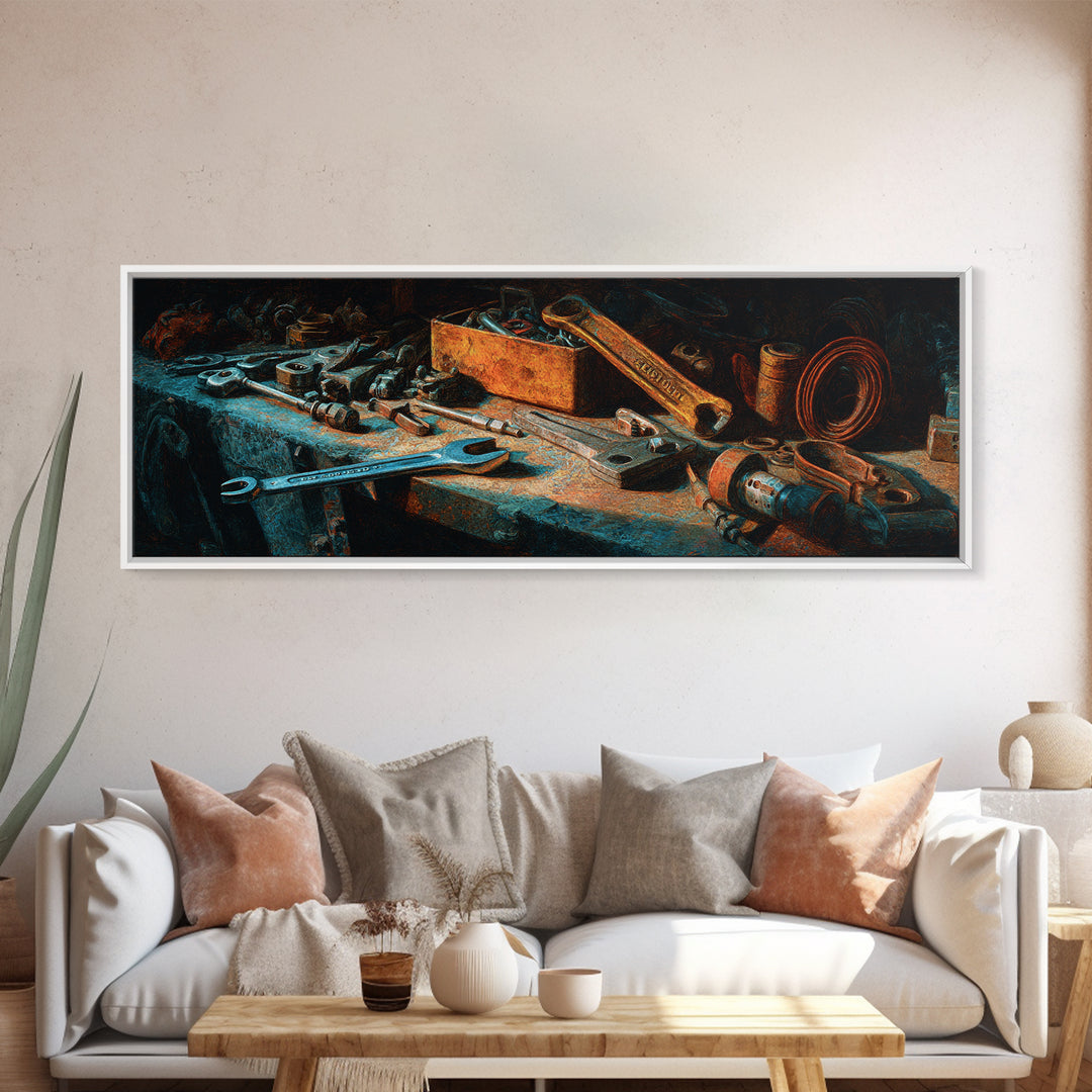 Copper Wire Coil and Tools Composition Canvas Print, Industrial Art, Neutral Decor, Living Room Decor, Fine Art, Foundry, IND-3x1-36