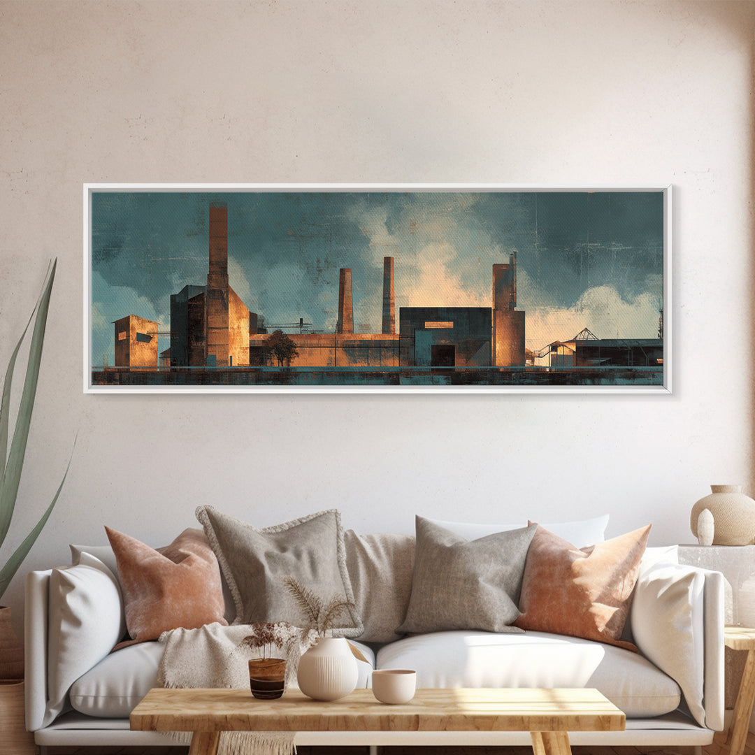 Factory Smokestacks with Moody Sky Framed Canvas Print, Industrial Art, Wall Hanging, Living Room Decor, Fine Art, Foundry, IND-3x1-51