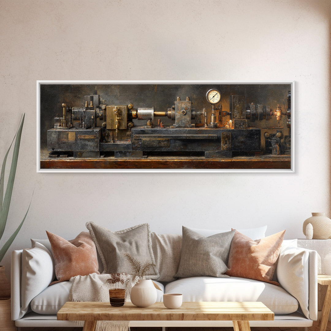 Brass Gauge and Machinery Still Life Framed Canvas Print, Industrial Art, Fine Art Print, Living Room Decor, Fine Art, Foundry, IND-3x1-53