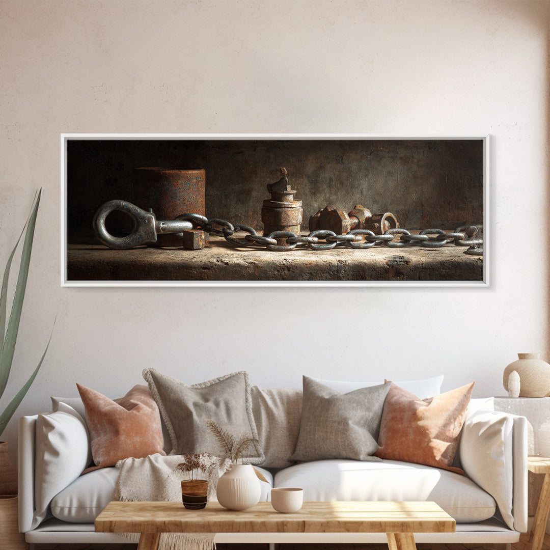 Chain and Hook Still Life Framed Canvas Print, Industrial Art, Wall Art, Living Room Decor, Fine Art, Foundry, Original Art, IND-3x1-56