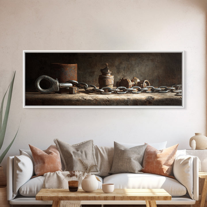 Chain and Hook Still Life Framed Canvas Print, Industrial Art, Wall Art, Living Room Decor, Fine Art, Foundry, Original Art, IND-3x1-56