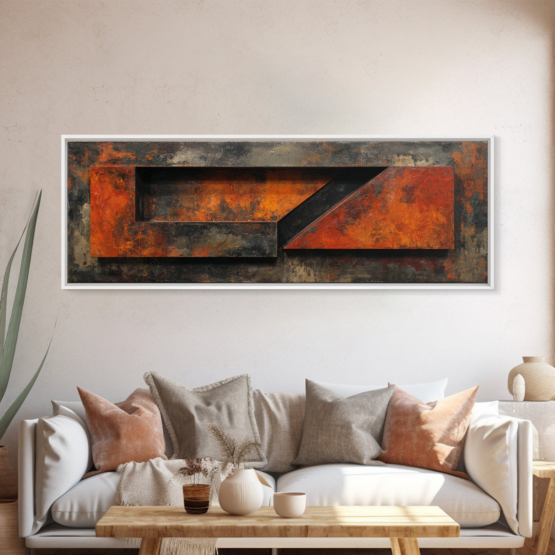 Rust Orange and Charcoal Geometric Abstraction Canvas Print, Industrial Art, Black and White Art, Living Room Decor, Foundry, IND-3x1-6