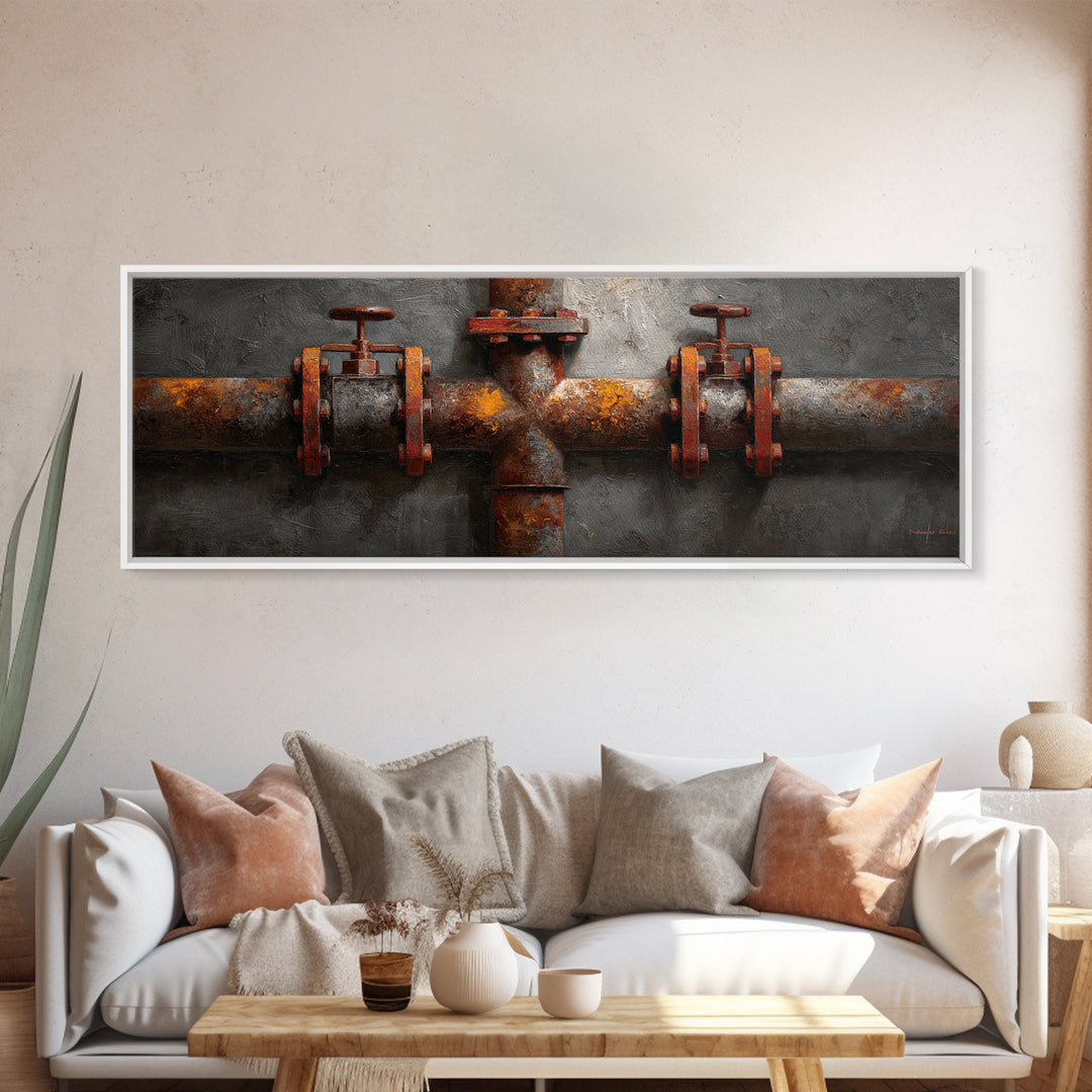 Metal Pipes and Valves as Graphic Composition Framed Canvas Print, Industrial Art, Wall Decor, Living Room Decor, Foundry, IND-3x1-72
