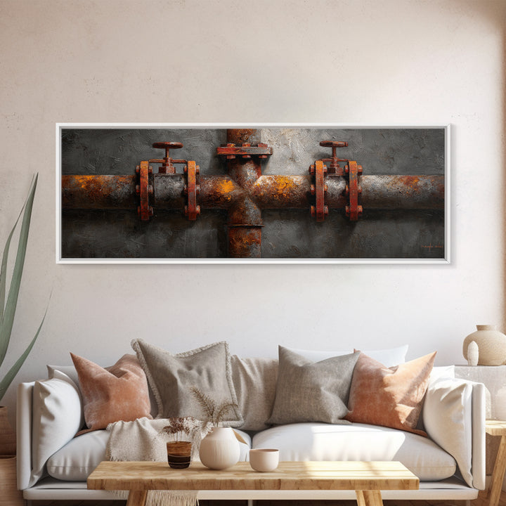 Metal Pipes and Valves as Graphic Composition Framed Canvas Print, Industrial Art, Wall Decor, Living Room Decor, Foundry, IND-3x1-72