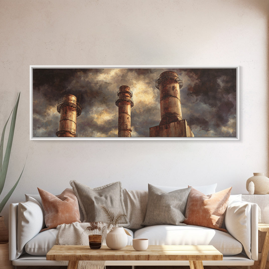 Factory Smokestacks with Moody Sky Canvas Print, Industrial Art, Black and White Wall Art, Living Room Decor, Fine Art, Foundry, IND-3x1-75