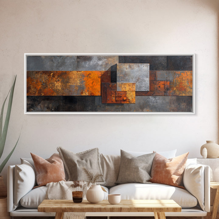 Rust Orange and Charcoal Geometric Abstraction Canvas Print, Industrial Art, Abstract Art, Living Room Decor, Fine Art, Foundry, IND-3x1-78
