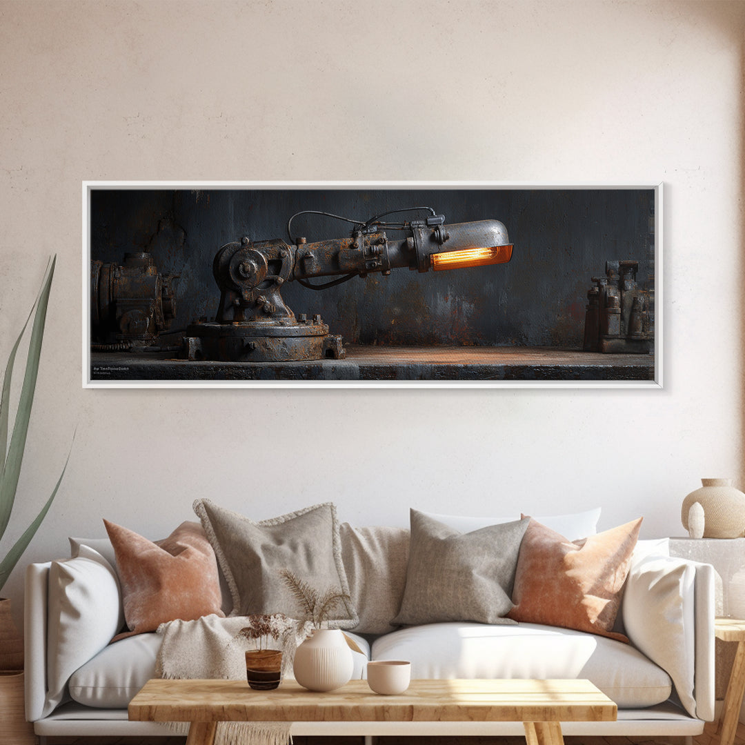 Industrial Lamp with Warm Glow Framed Canvas Print, Industrial Art, Textured Wall Art, Living Room Decor, Fine Art, Foundry, IND-3x1-87