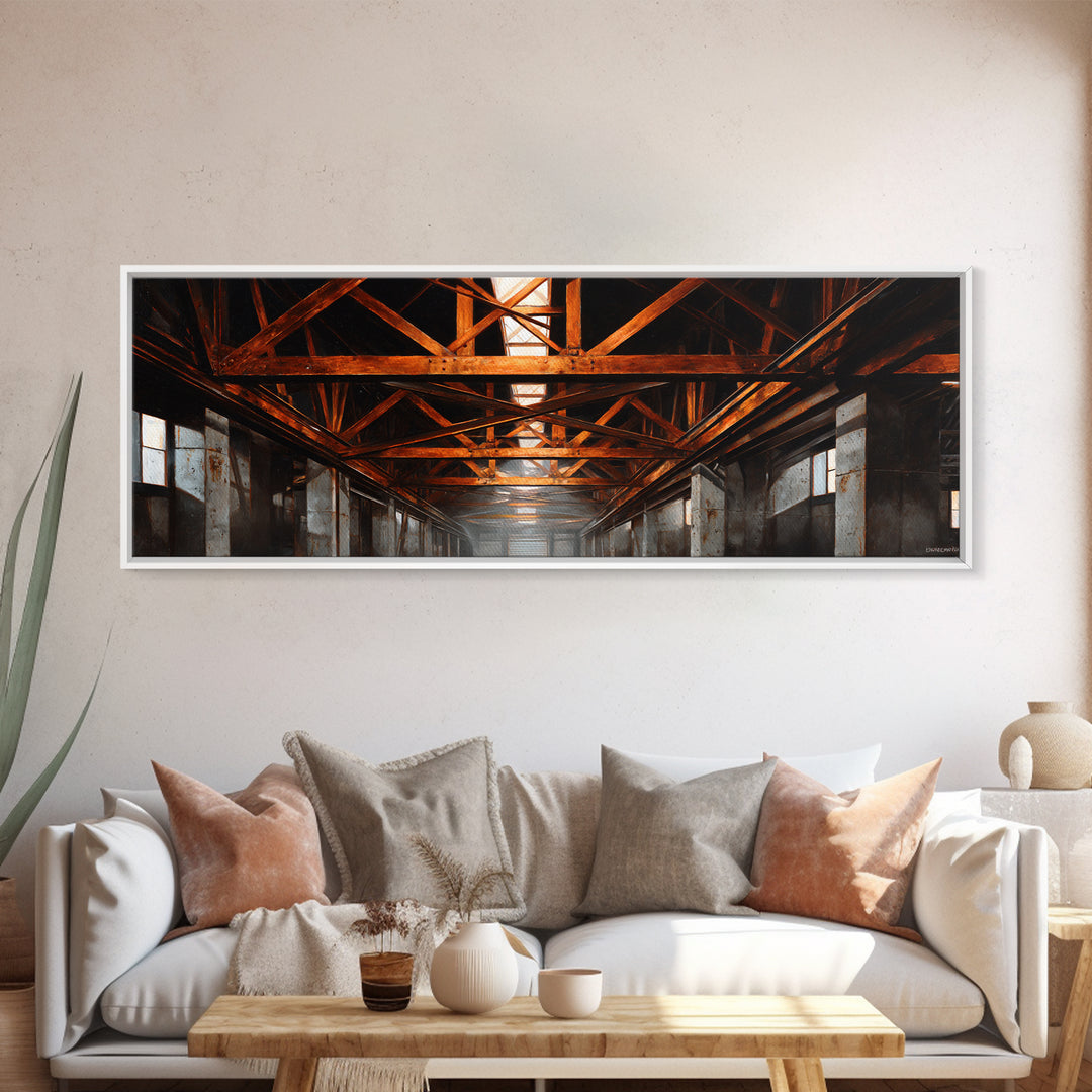 Steel Bridge Truss Canvas Print, Industrial Art, Abstract Wall Art, Living Room Decor, Fine Art, Foundry, Black and White Art, IND-3x1-91