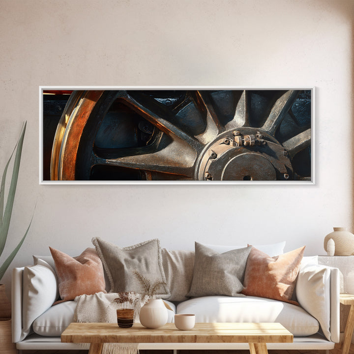 Steam Locomotive Wheel Closeup Canvas Print, Industrial Art, Black and White Art, Living Room Decor, Watercolor Art, Foundry, IND-3x1-94