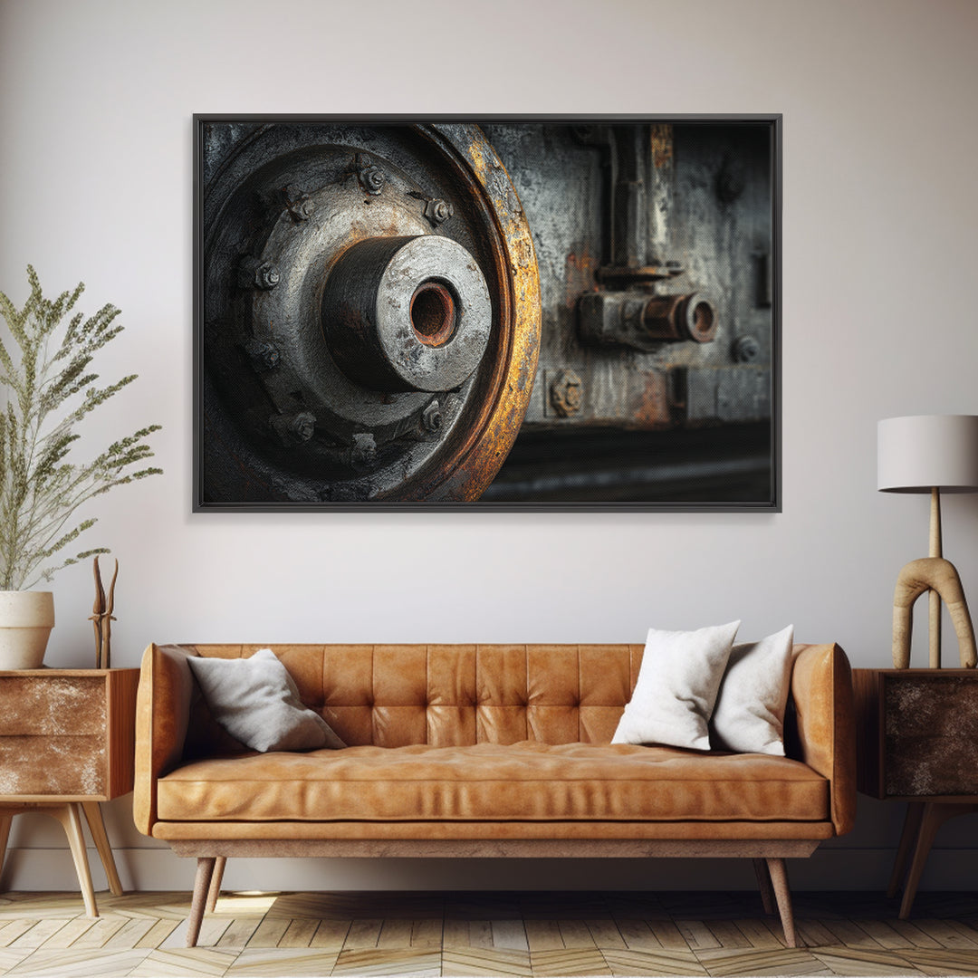 Steam Locomotive Wheel Closeup Framed Canvas Print, Industrial Art, Living Room Art, Living Room Decor, Fine Art, Foundry, IND-3x2-10