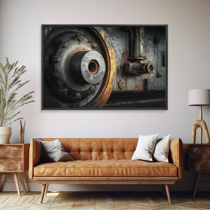 Steam Locomotive Wheel Closeup Framed Canvas Print, Industrial Art, Living Room Art, Living Room Decor, Fine Art, Foundry, IND-3x2-10