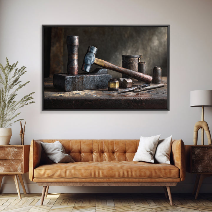 Blacksmith Tools on Dark Workbench Framed Canvas Print, Industrial Art, Metal Art, Living Room Decor, Fine Art, Foundry, IND-3x2-14