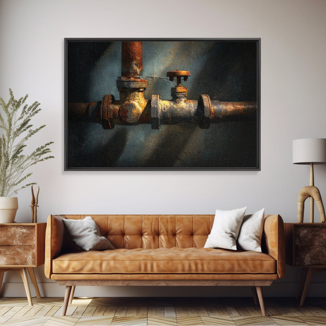 Metal Pipes and Valves as Graphic Composition Framed Canvas Print, Industrial Art, Luxury Decor, Living Room Decor, Foundry, IND-3x2-36