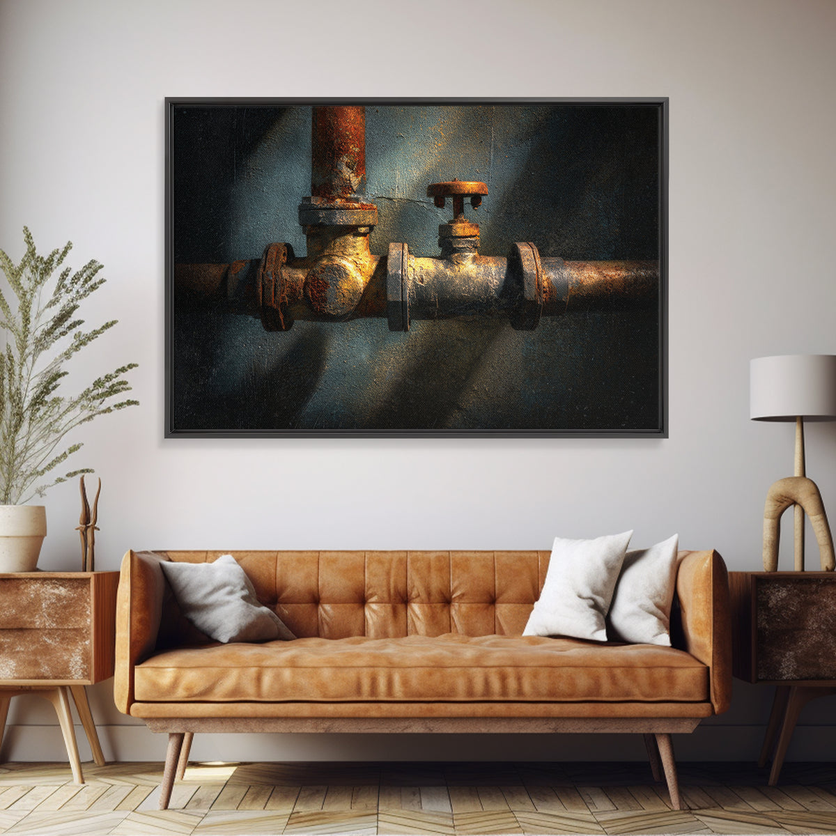 Metal Pipes and Valves as Graphic Composition Framed Canvas Print, Industrial Art, Luxury Decor, Living Room Decor, Foundry, IND-3x2-36