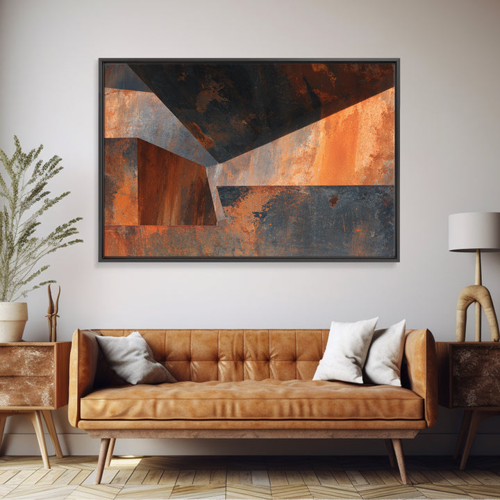 Rust Orange and Charcoal Geometric Abstraction Canvas Print, Industrial Art, Steampunk Decor, Living Room Decor, Abstract Art, IND-3x2-42