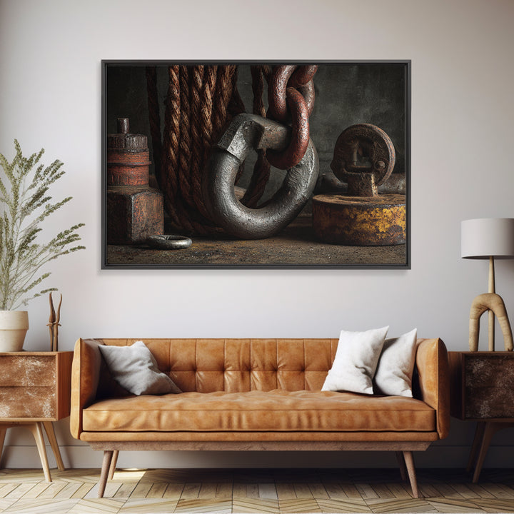 Chain and Hook Still Life Canvas Print, Industrial Art, Textured Painting, Living Room Decor, Watercolor Art, Foundry, IND-3x2-44