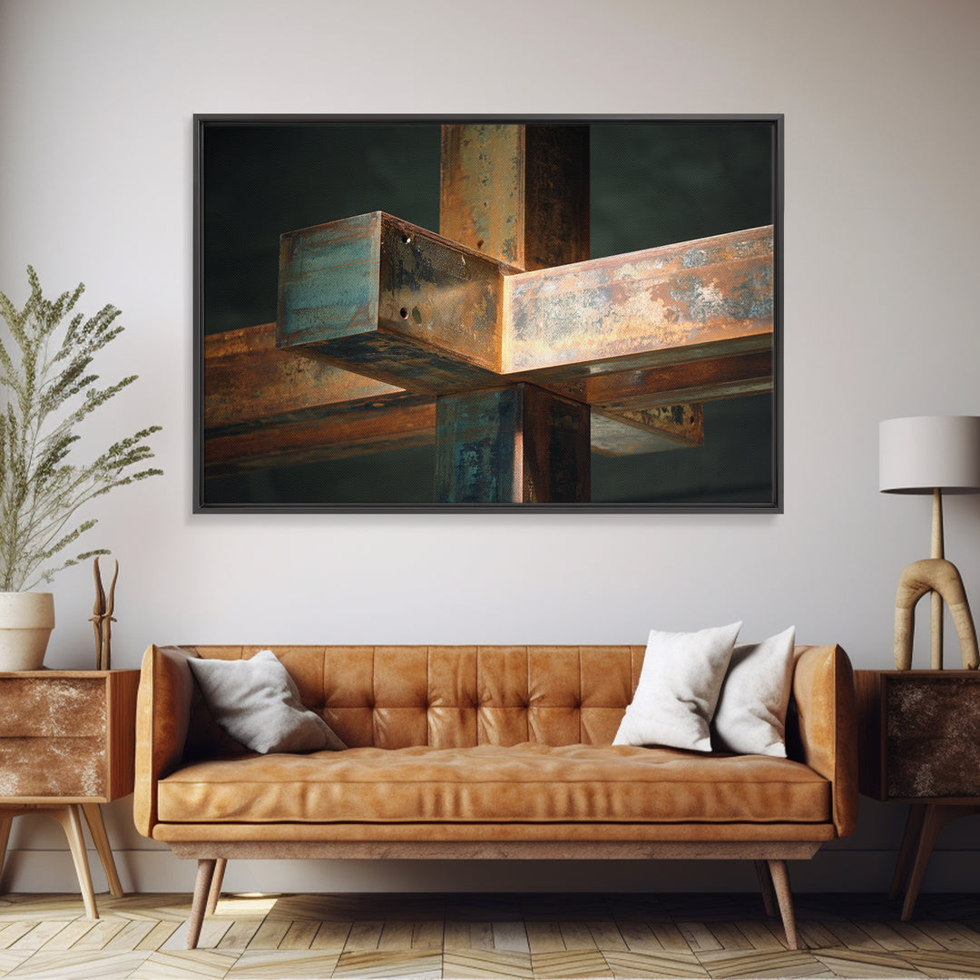 Steel Beams Crossing Like Abstract Lines Framed Canvas Print, Industrial Art, Room Decor, Living Room Decor, Fine Art, Foundry, IND-3x2-45