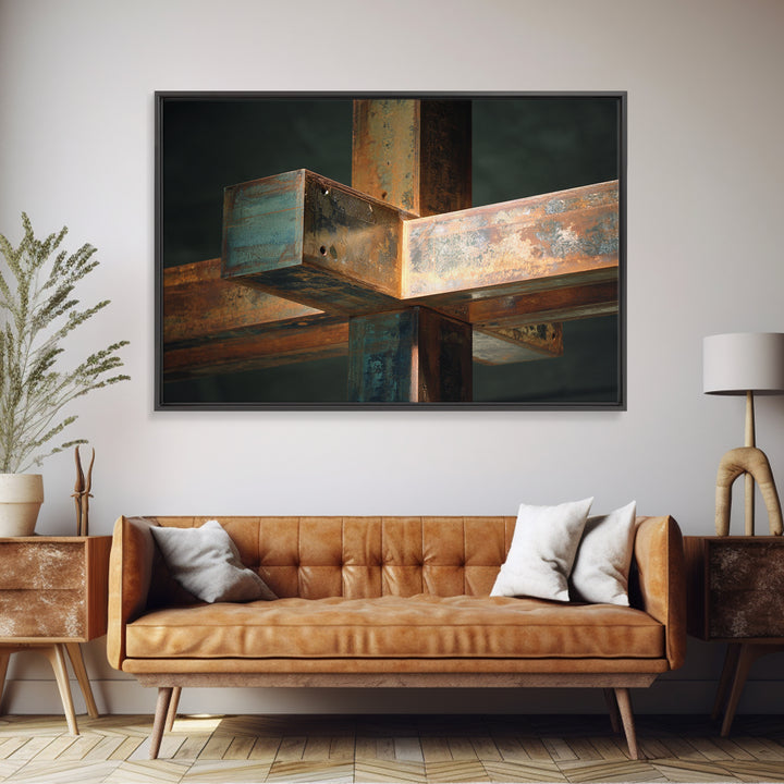 Steel Beams Crossing Like Abstract Lines Framed Canvas Print, Industrial Art, Room Decor, Living Room Decor, Fine Art, Foundry, IND-3x2-45