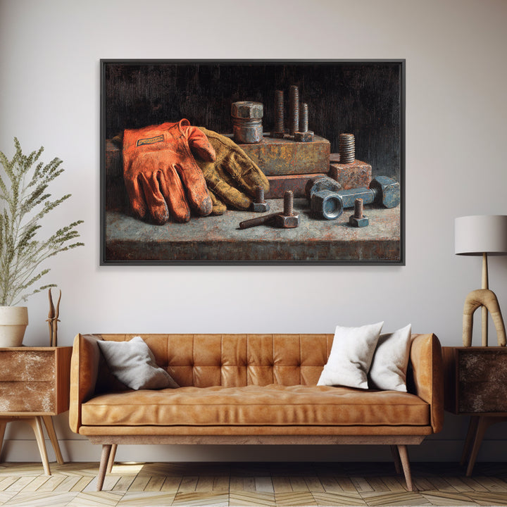 Worn Work Gloves and Bolts Arrangement Framed Canvas Print, Industrial Art, Bauhaus Poster, Living Room Decor, Foundry, IND-3x2-46