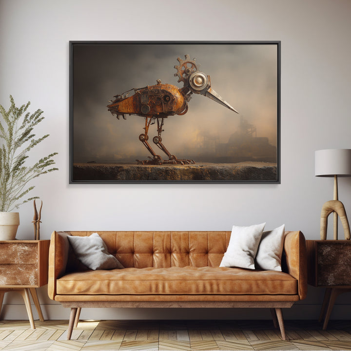 Mechanical Bird Made from Gears Framed Canvas Print, Industrial Art, Metal Art, Living Room Decor, Oil Painting, Foundry, IND-3x2-47