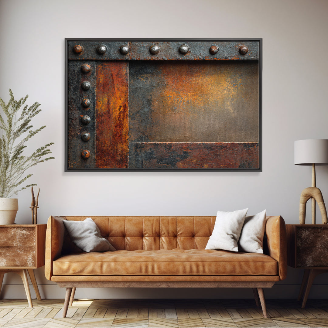Riveted Metal Panel Texture Study Framed Canvas Print, Industrial Art, Living Room Decor, Oil Painting, Foundry, IND-3x2-50