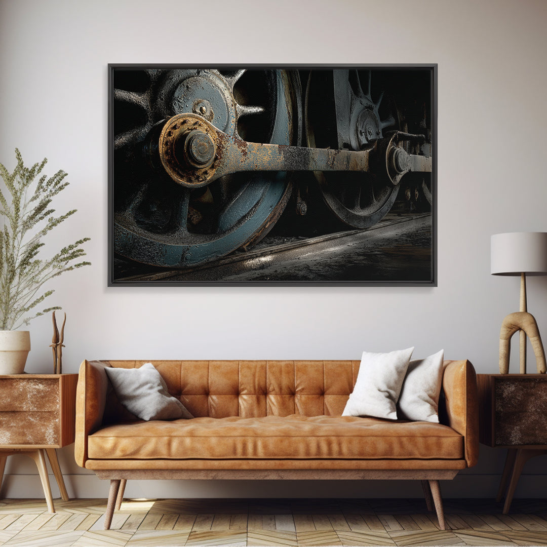 Steam Locomotive Wheel Closeup Canvas Print, Industrial Art, Black and White Art, Living Room Decor, Watercolor Art, Foundry, IND-3x2-58