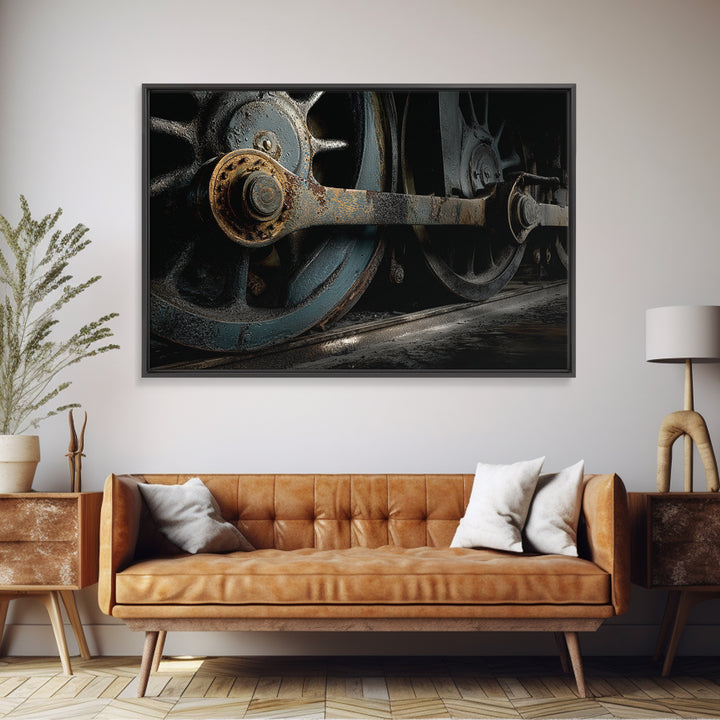 Steam Locomotive Wheel Closeup Canvas Print, Industrial Art, Black and White Art, Living Room Decor, Watercolor Art, Foundry, IND-3x2-58