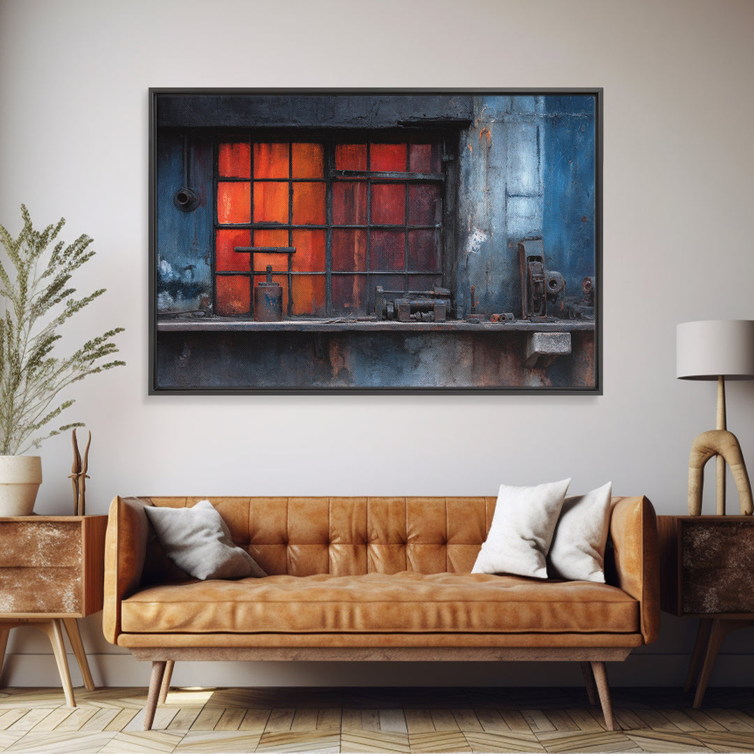Old Factory Window Framed Canvas Print, Industrial Art, Large Art, Living Room Decor, Fine Art, Foundry, Statement Artwork, IND-3x2-6