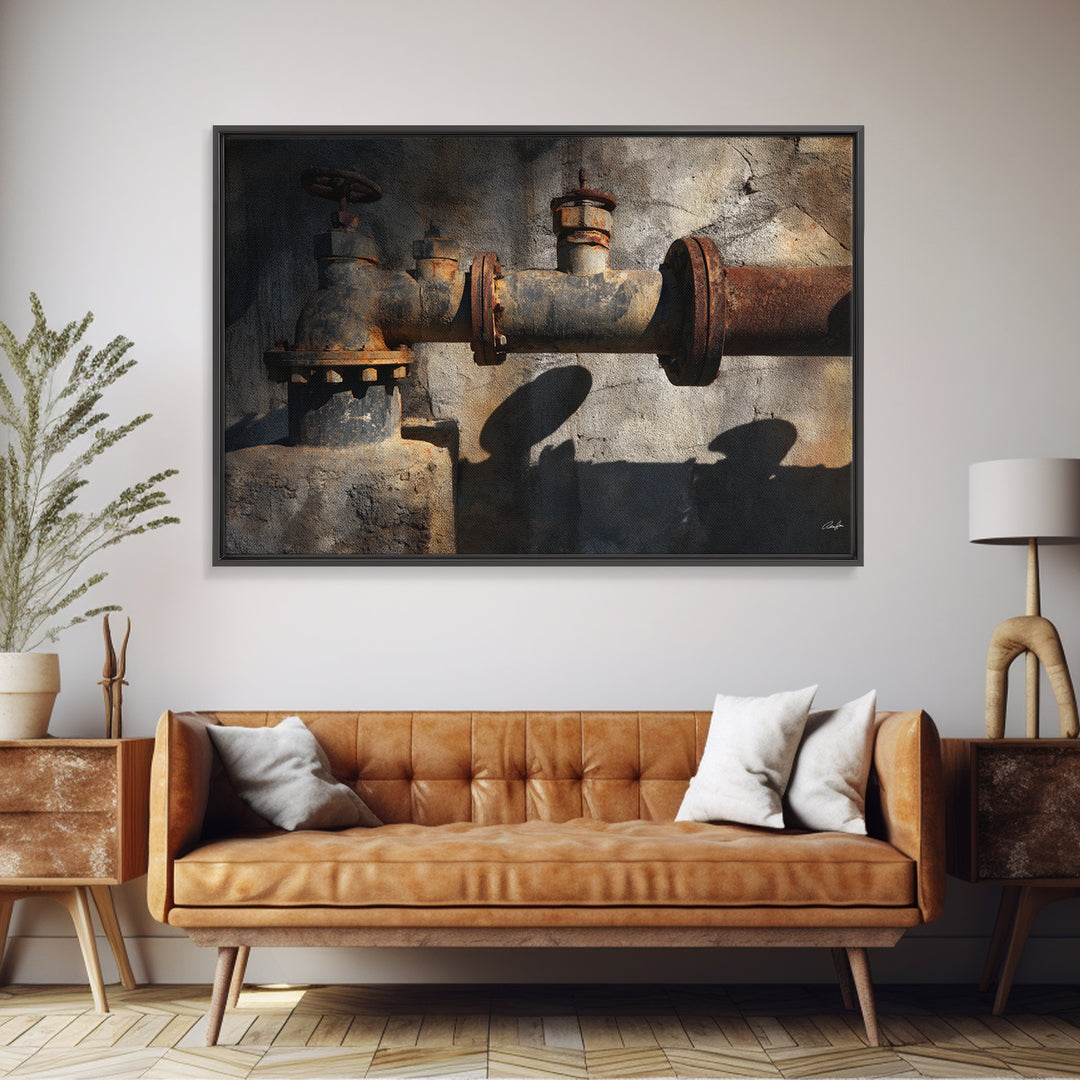 Metal Pipes and Valves as Graphic Composition Framed Canvas Print, Industrial Art, Art Prints, Living Room Decor, Foundry, IND-3x2-60