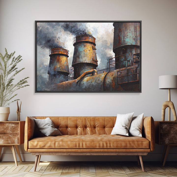 Factory Smokestacks with Moody Sky Framed Canvas Print, Industrial Art, Fine Art Print, Living Room Decor, Fine Art, Foundry, IND-3x2-63