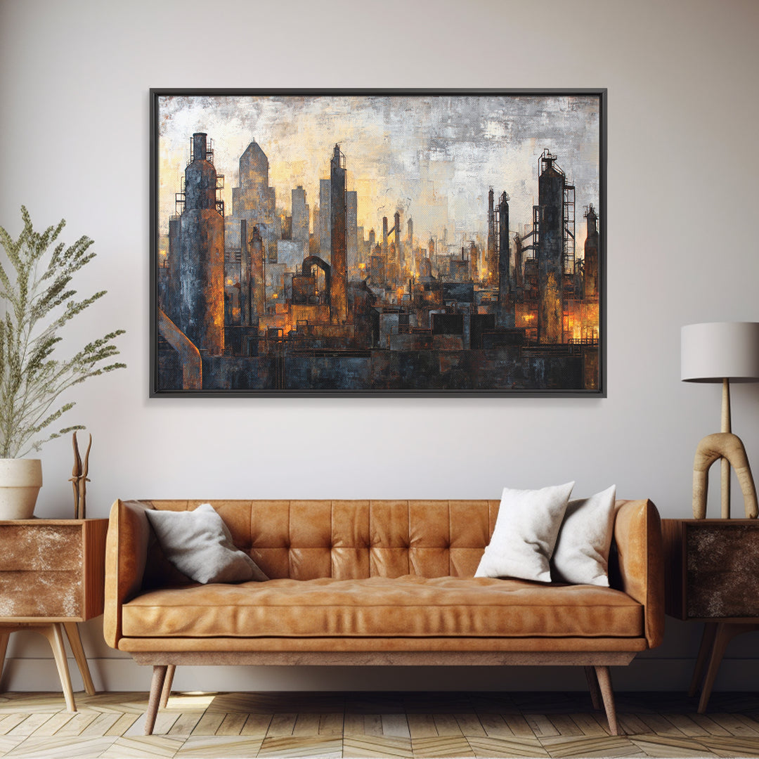 Industrial City Skyline Framed Canvas Print, Industrial Art, Art Print, Living Room Decor, Fine Art, Foundry, Modern Art, IND-3x2-64