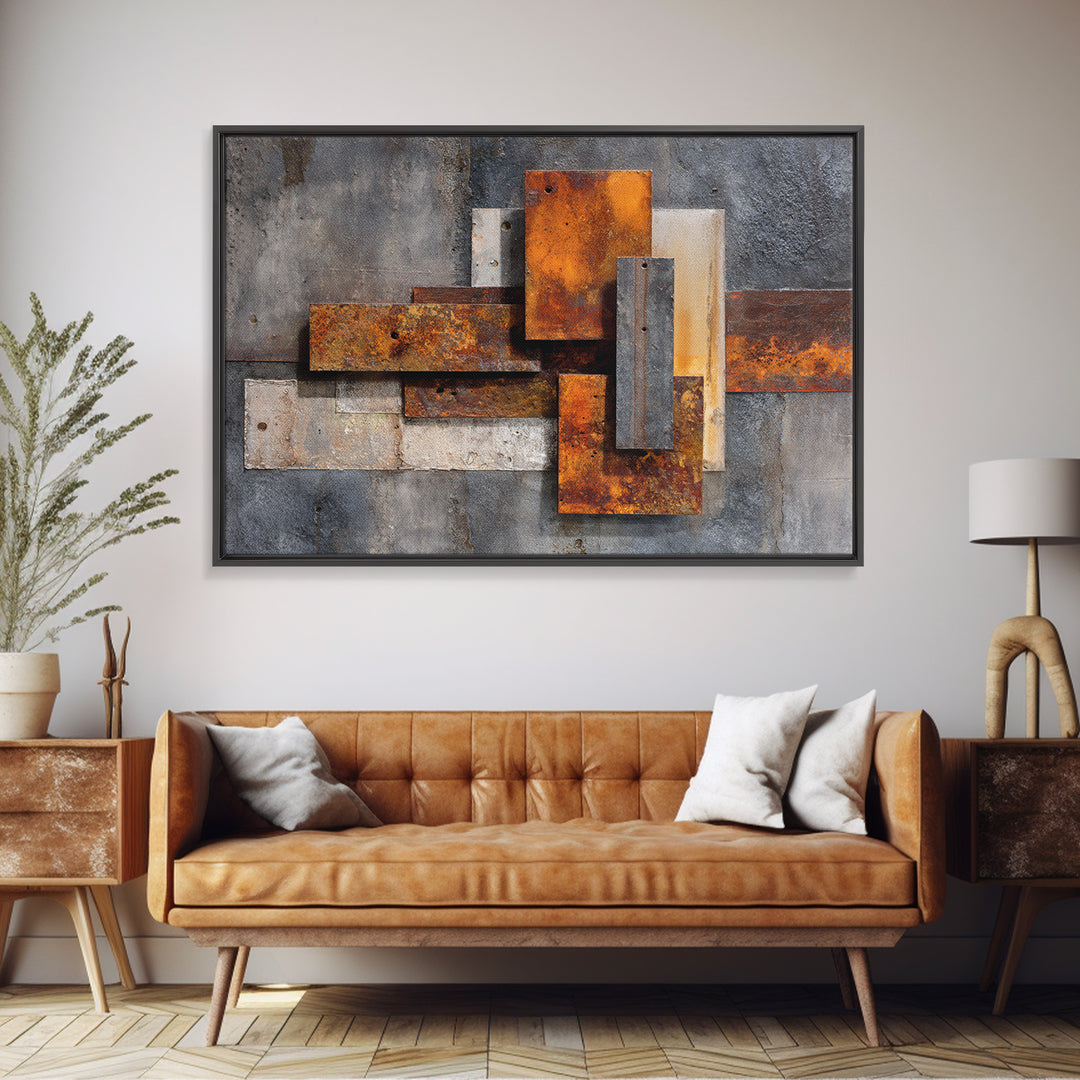 Rust Orange and Charcoal Geometric Abstraction Canvas Print, Industrial Art, Steampunk Decor, Living Room Decor, Abstract Art, IND-3x2-66