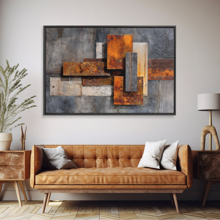 Rust Orange and Charcoal Geometric Abstraction Canvas Print, Industrial Art, Steampunk Decor, Living Room Decor, Abstract Art, IND-3x2-66