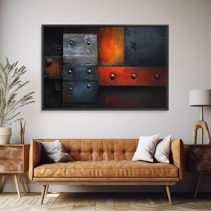 Riveted Metal Panel Texture Study Framed Canvas Print, Industrial Art, Living Room Decor, Oil Painting, Foundry, IND-3x2-74