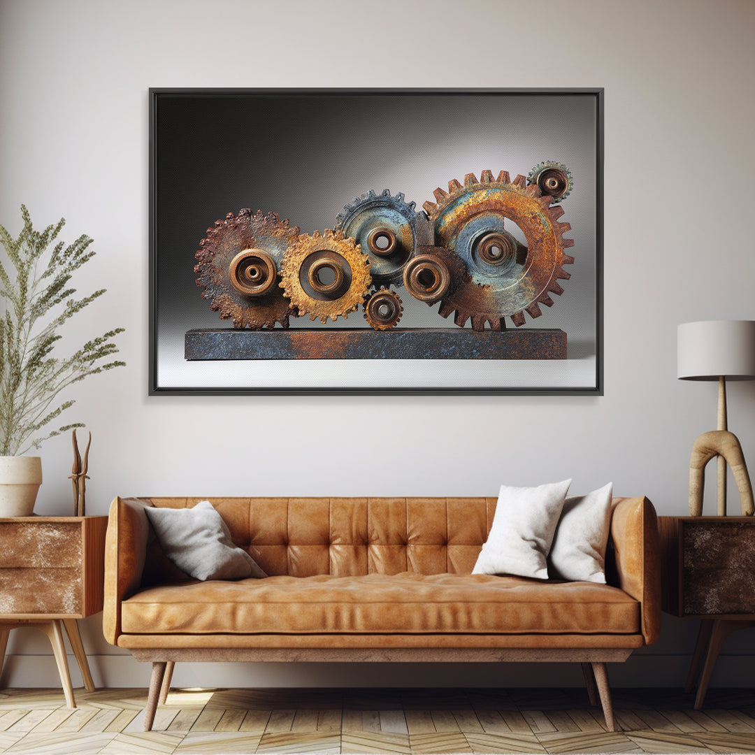 Rusted Gears Arranged as Sculptural Still Life Framed Canvas Print, Industrial Art, Wall Decor, Living Room Decor, Foundry, IND-3x2-77