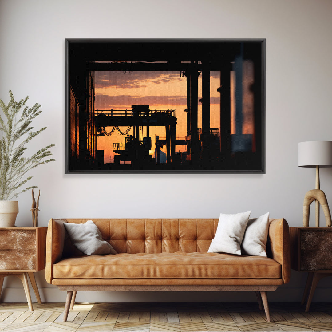 Warehouse Crane Silhouette Canvas Print, Industrial Art, Steampunk Decor, Living Room Decor, Fine Art, Foundry, Luxury Decor, IND-3x2-83
