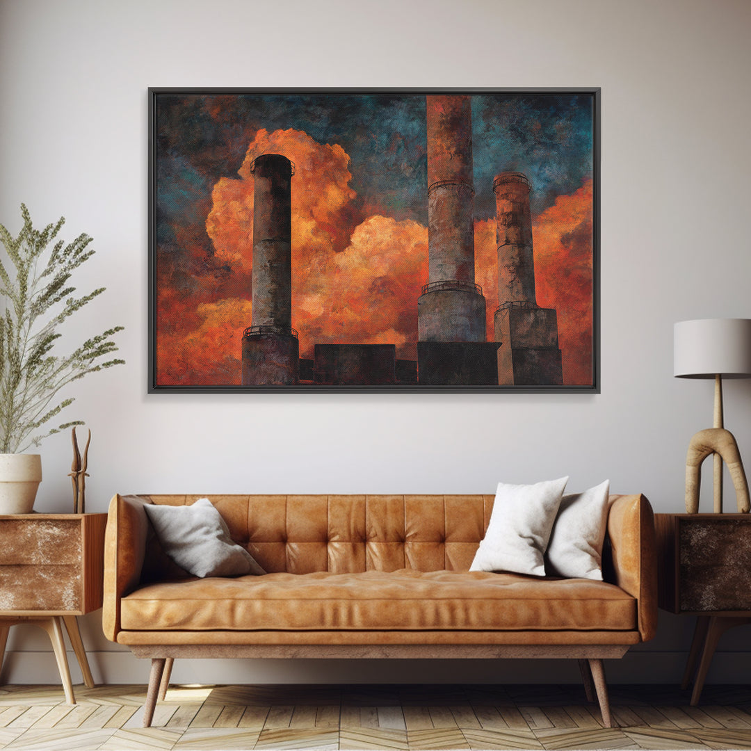Factory Smokestacks with Moody Sky Framed Canvas Print, Industrial Art, Textured Wall Art, Living Room Decor, Fine Art, Foundry, IND-3x2-87