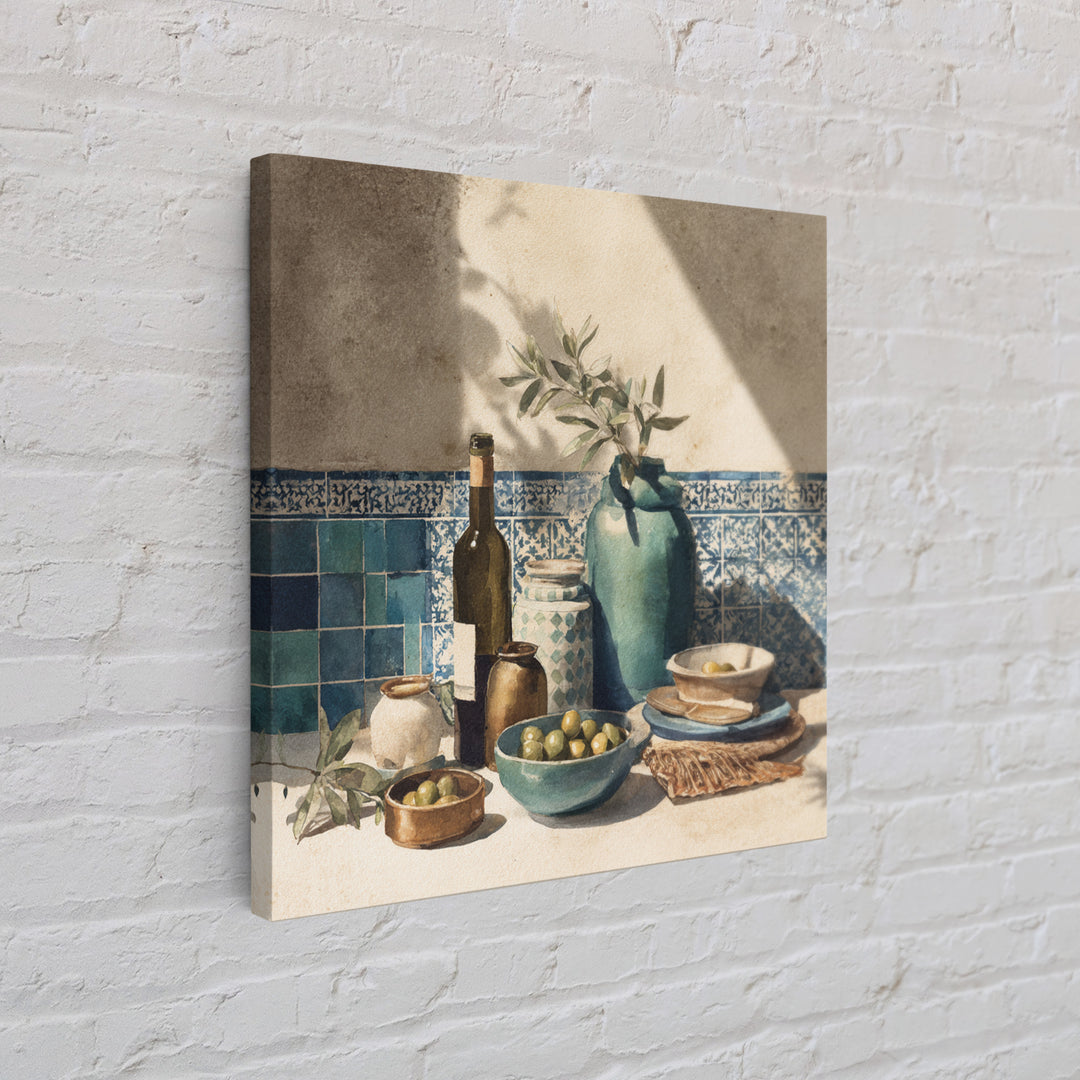 White Wine and Olives Still Life Framed Canvas Print, Italian Villa Art, Farmhouse Wall Art, Living Room Decor, Watercolor Art, IVA-1x1-16