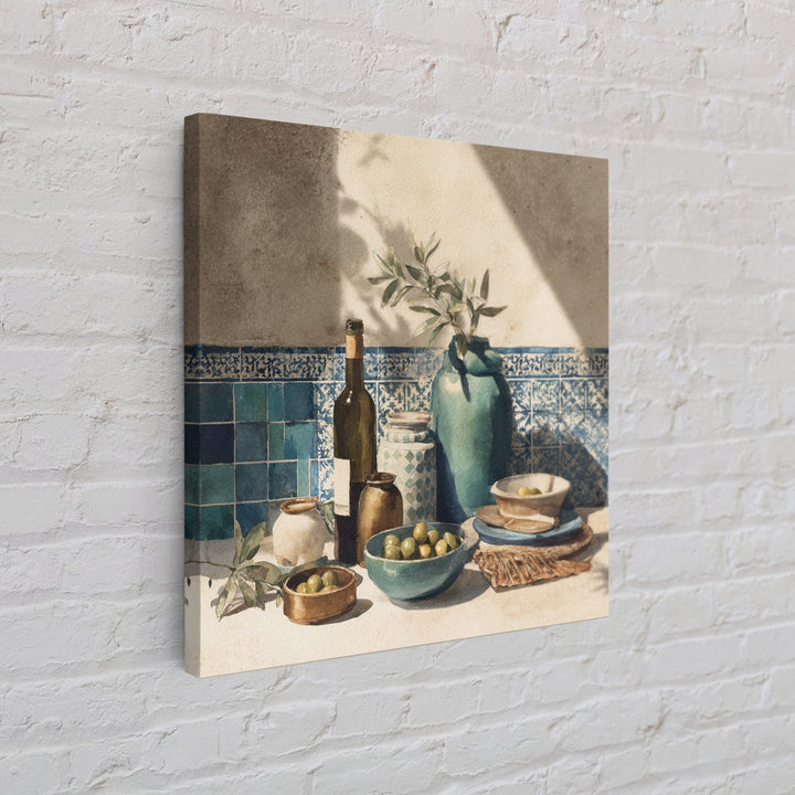 White Wine and Olives Still Life Framed Canvas Print, Italian Villa Art, Farmhouse Wall Art, Living Room Decor, Watercolor Art, IVA-1x1-16