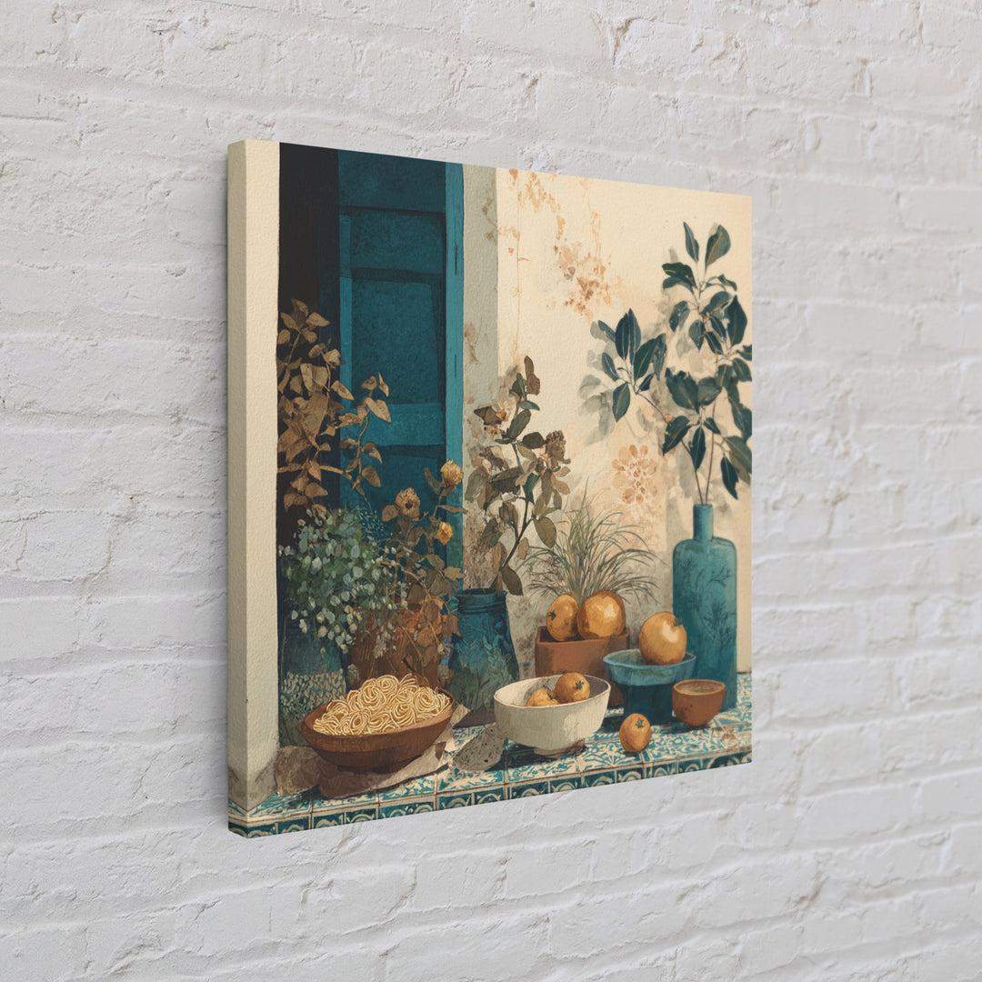 Pasta Herbs and Tomatoes Still Life Canvas Print, Italian Villa Art, Living Room Wall Art, Living Room Decor, Watercolor Art, IVA-1x1-19