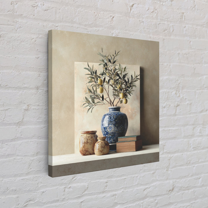 Lemon Branch in Blue Ceramic Vase Framed Canvas Print, Italian Villa Art, Bedroom Wall Art, Living Room Decor, Oil Painting, IVA-1x1-2